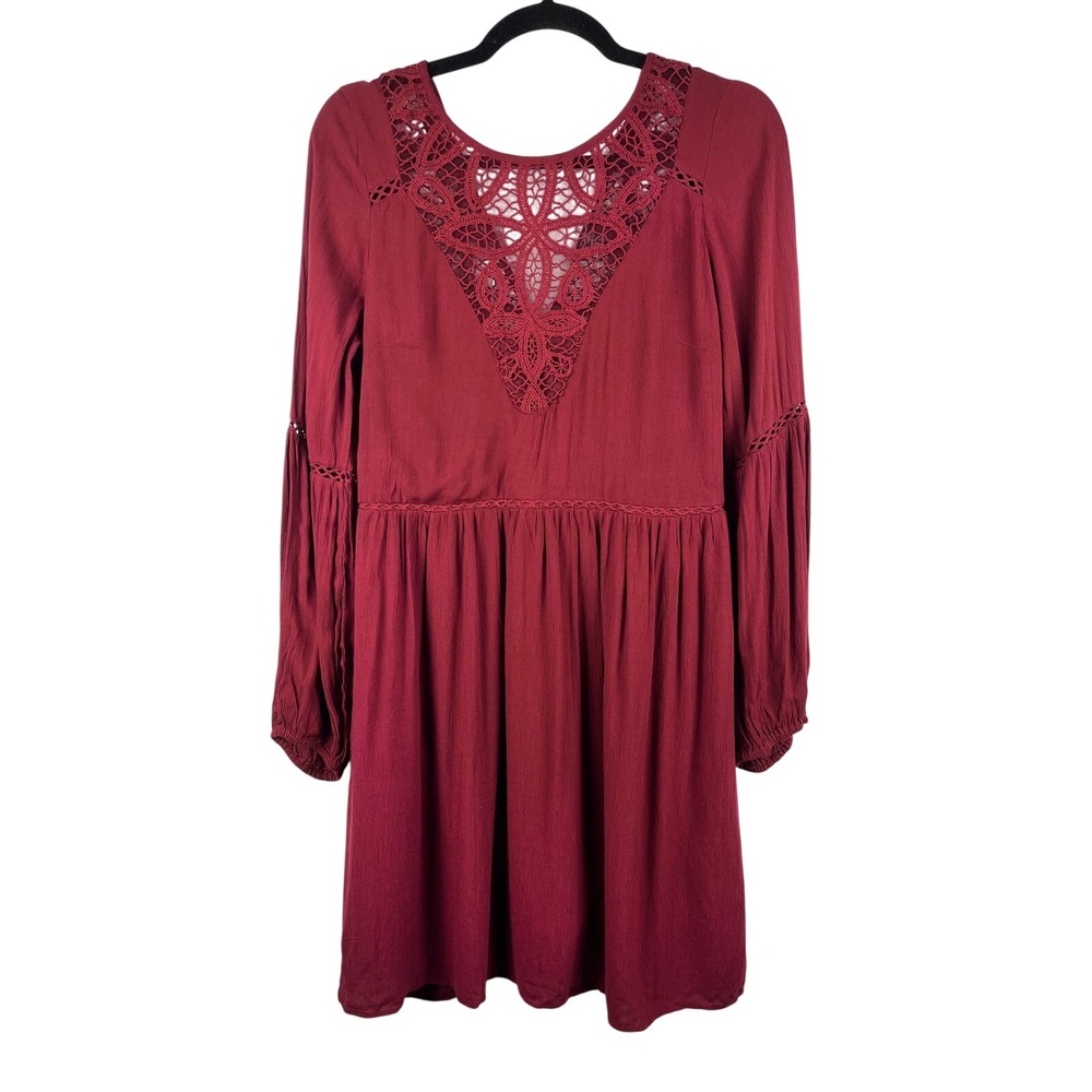 American Eagle Boho Lace Crochet Babydoll Peasant Dress Burgundy Red Size Small